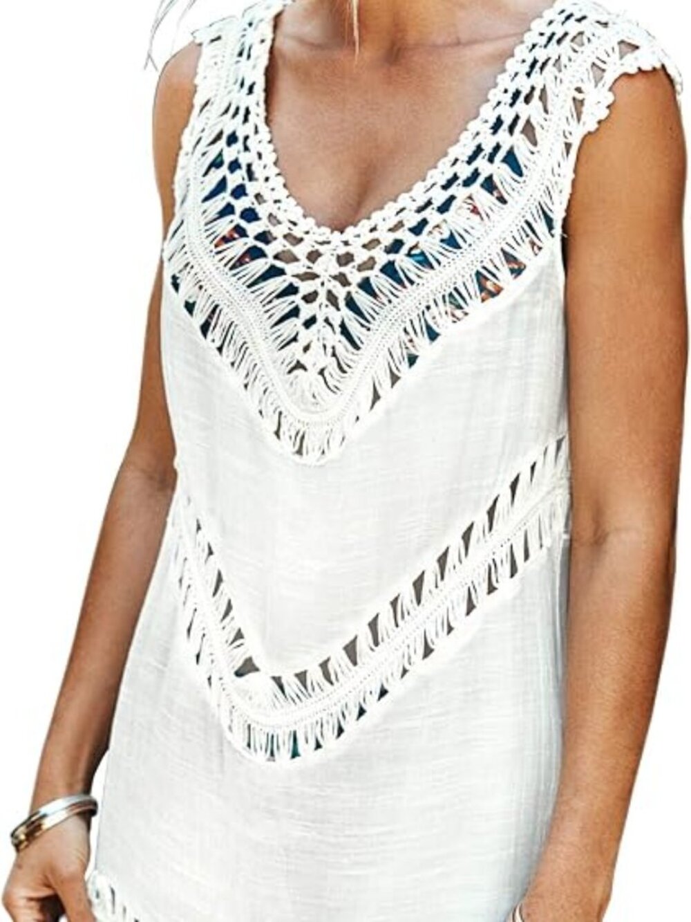 (4 for $20) CUPSHE Women's White Crochet Sleeveless Tunic Cover Up - S - EUC